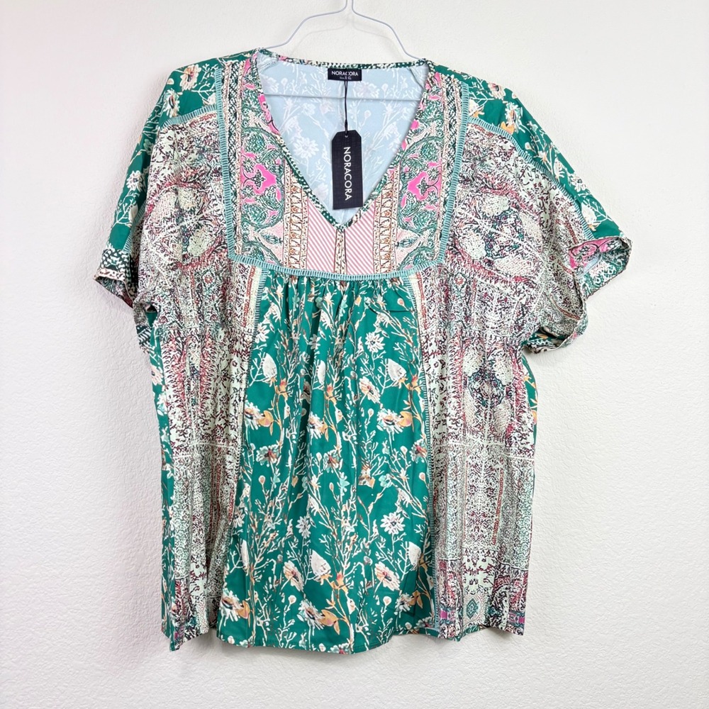 Noracora XXL Green Mixed Floral Paisley V-Neck Blouse Boho Top Cottage Garden